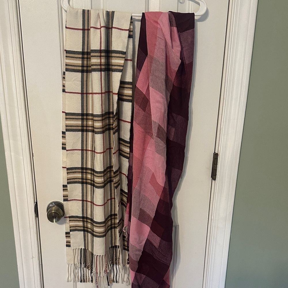 Two Winter Plaid Scarves - Cream and Pink